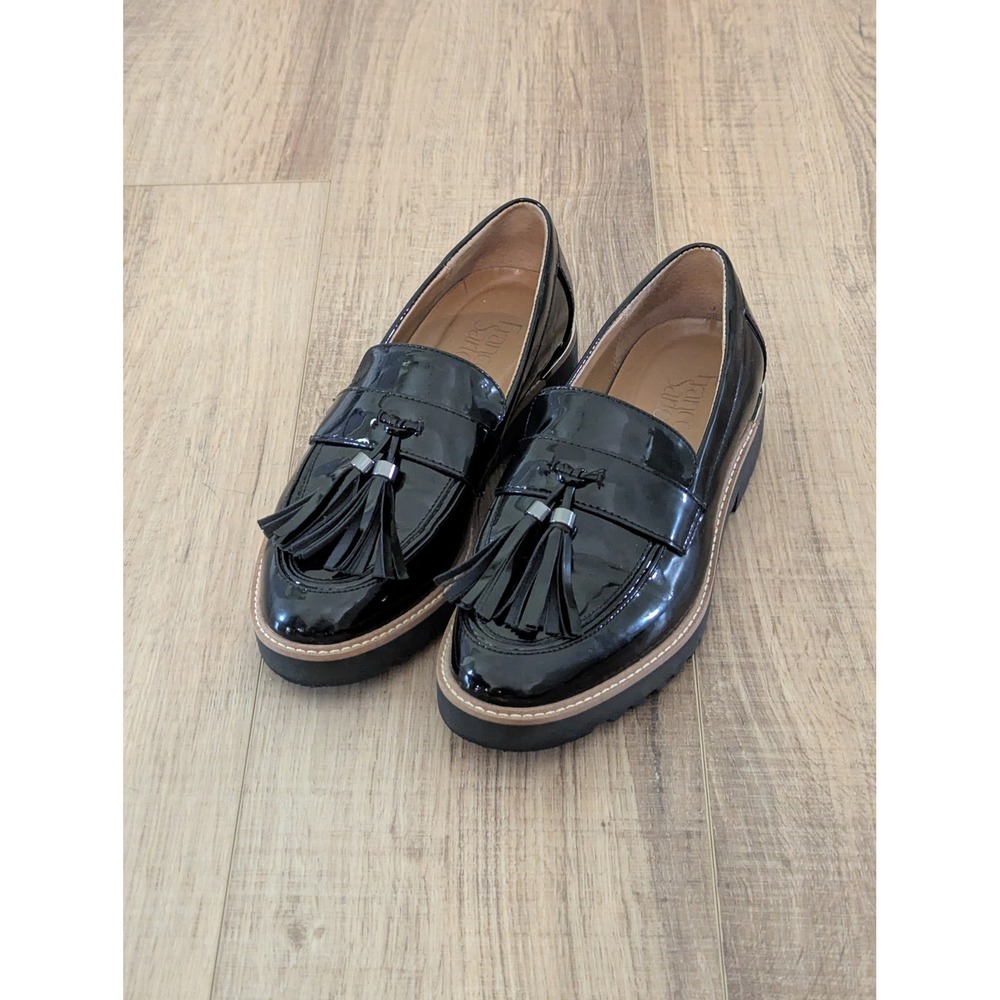 Franco Sarto Carney Women's 7M Black Patent Tassel Loafers Lug Sole Slip-On
